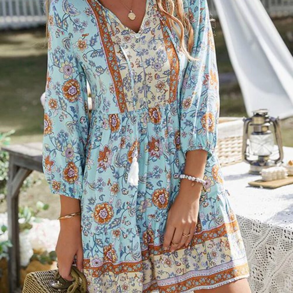 NWOT Anna - Kaci California sz small boho tunic turqoise floral print dress